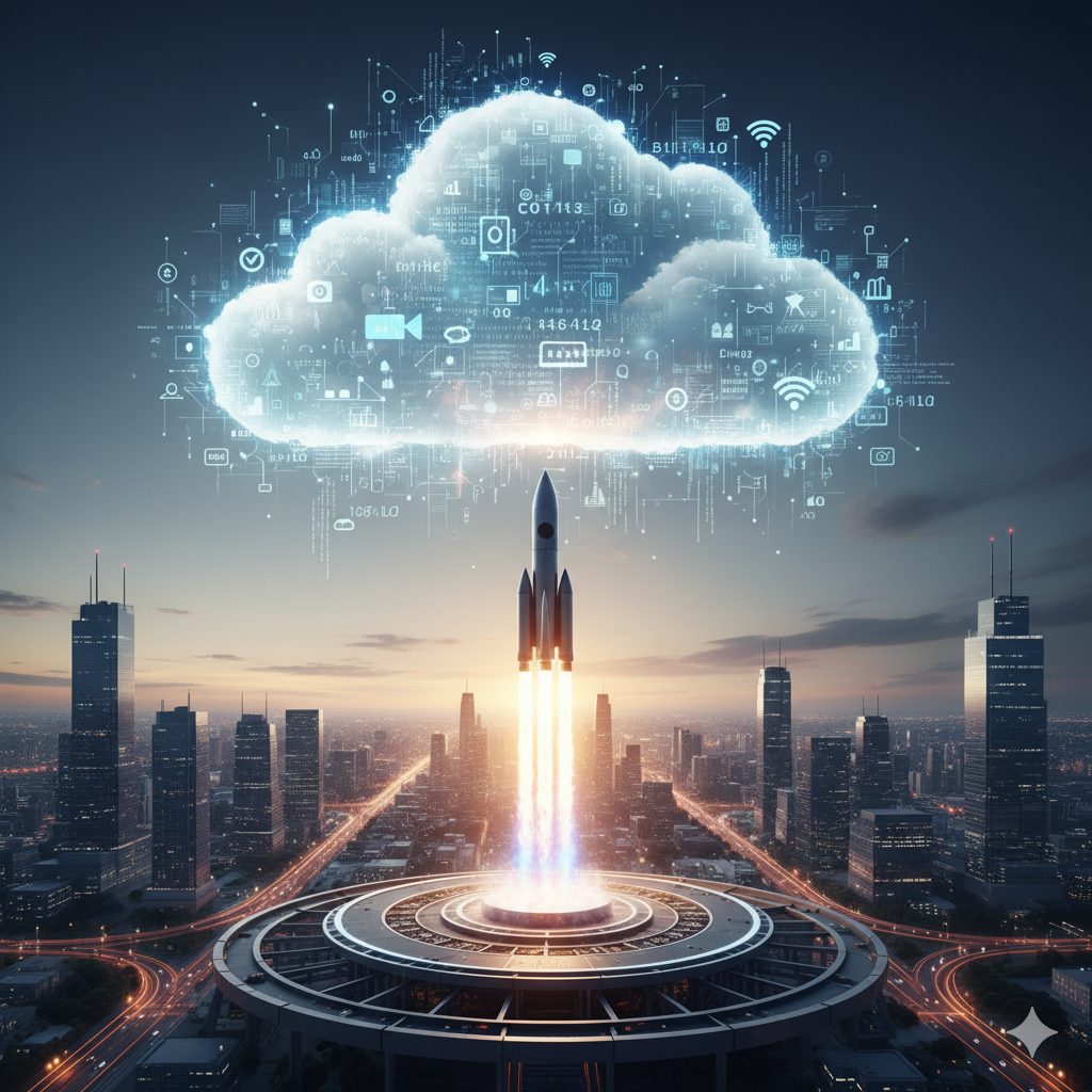 Cohete despegando hacia la nube